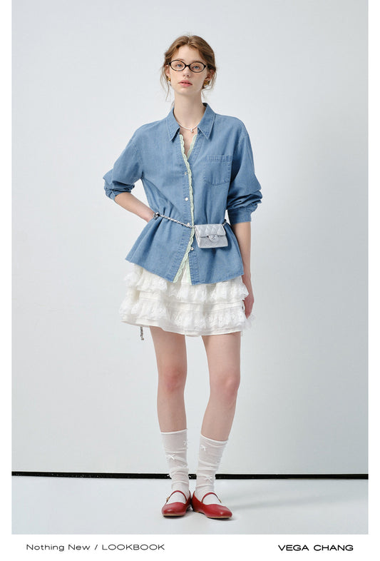Lace-Trimmed V-Neck Denim Shirt In Breathable Fabric