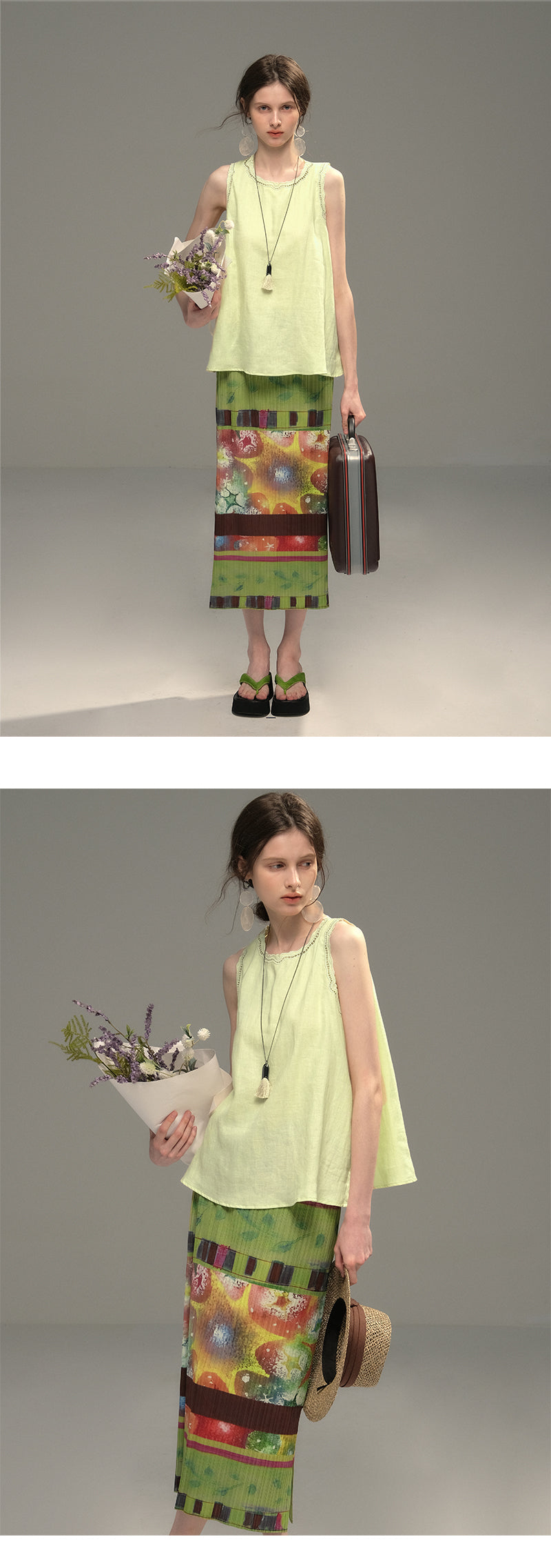 Sleeveless Embroidered Top And Pleated Retro Print Skirt