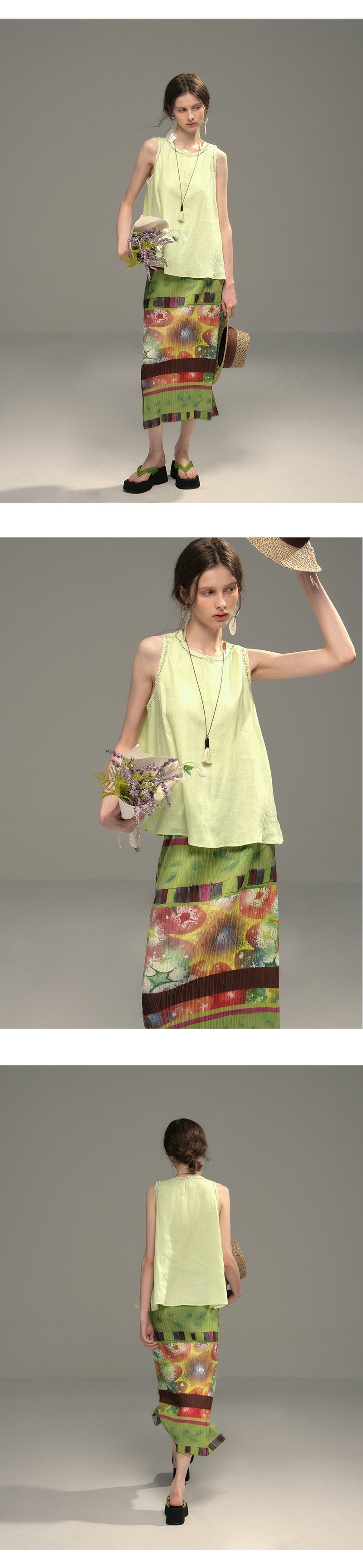 Sleeveless Embroidered Top And Pleated Retro Print Skirt