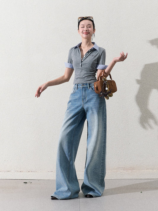 Plaid Collar Slim Fit Top With Half Button