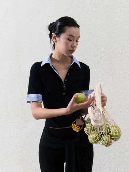 Plaid Collar Slim Fit Top With Half Button