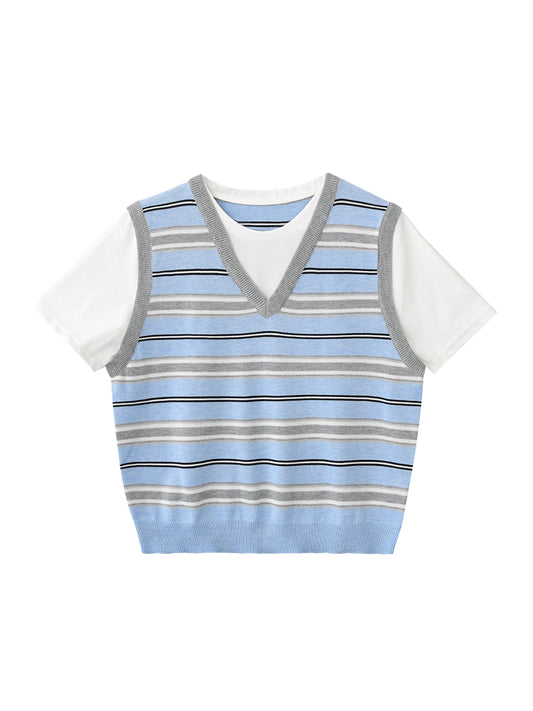 Faux Layered Striped Vest T-Shirt
