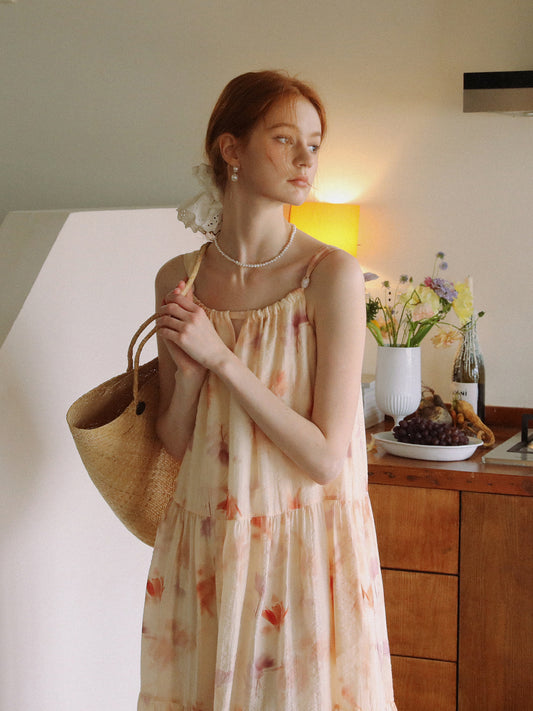 Gathered-Neck Floral Dress With Beaded Tie Straps