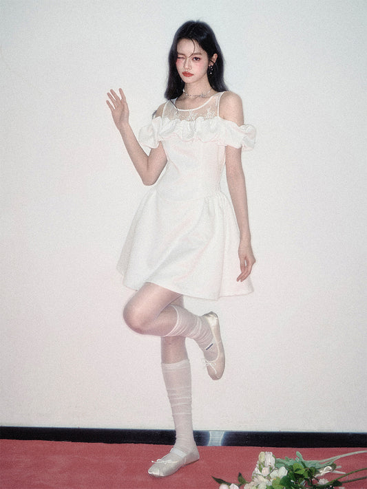 Off-Shoulder Lace-Inset Satin Dress