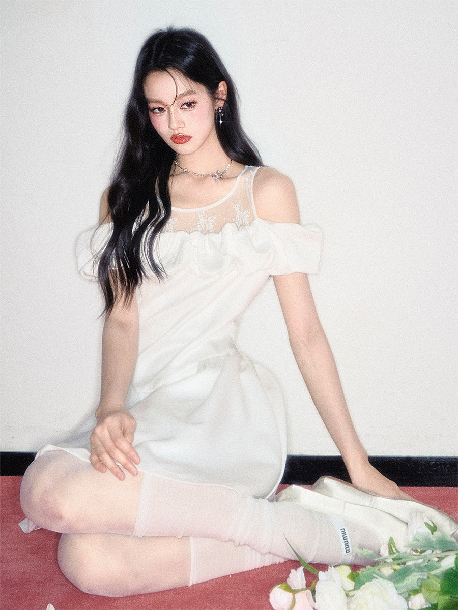 Off-Shoulder Lace-Inset Satin Dress