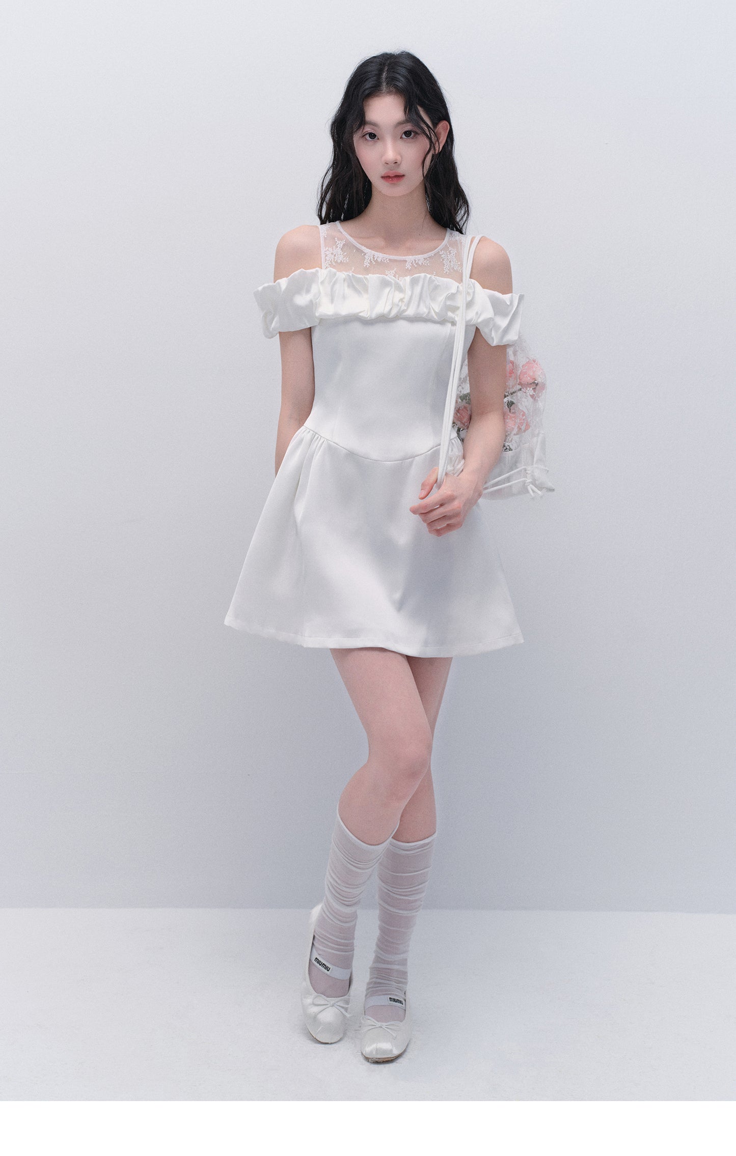 Off-Shoulder Lace-Inset Satin Dress