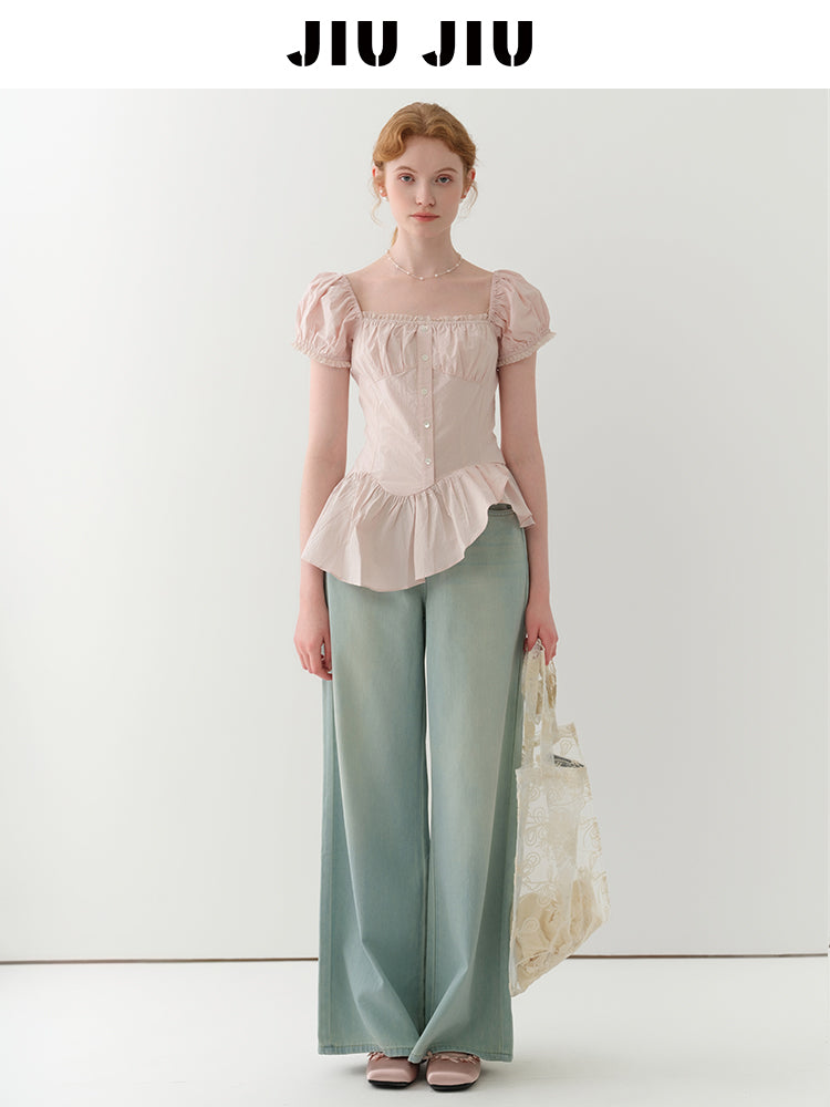 Ruched Peplum Blouse With Asymmetric Hem