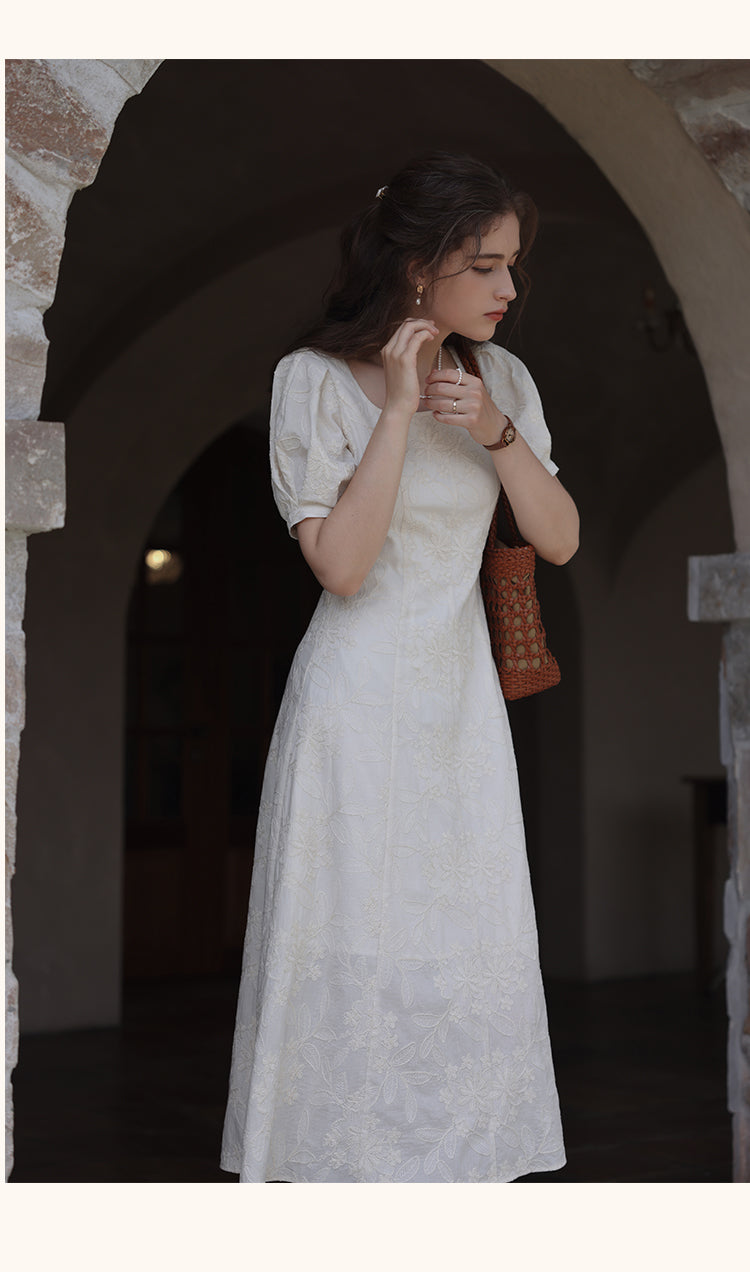 Classic Floral Embroidered Square Neck Midi Dress