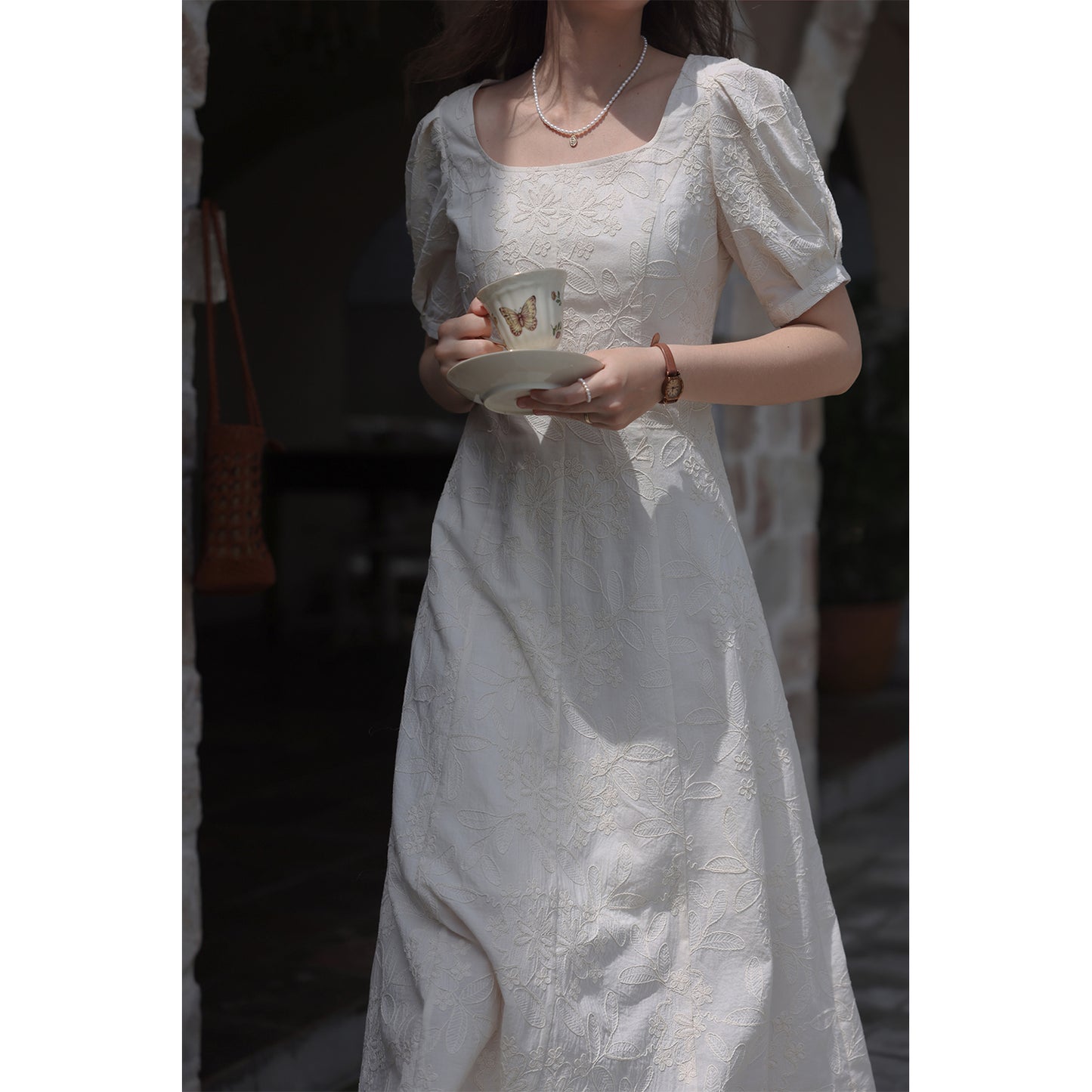 Classic Floral Embroidered Square Neck Midi Dress