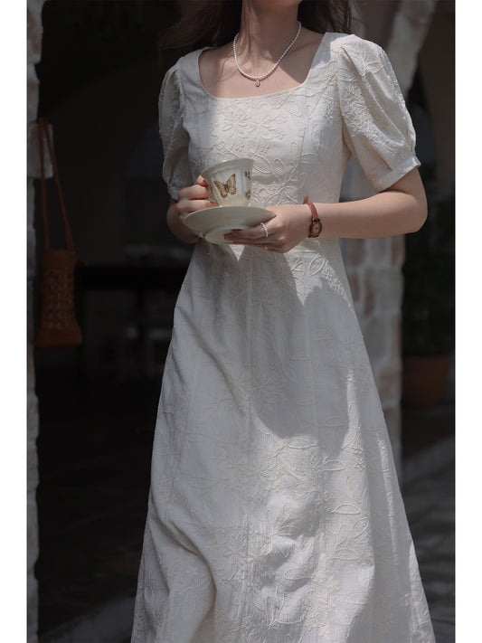 Classic Floral Embroidered Square Neck Midi Dress