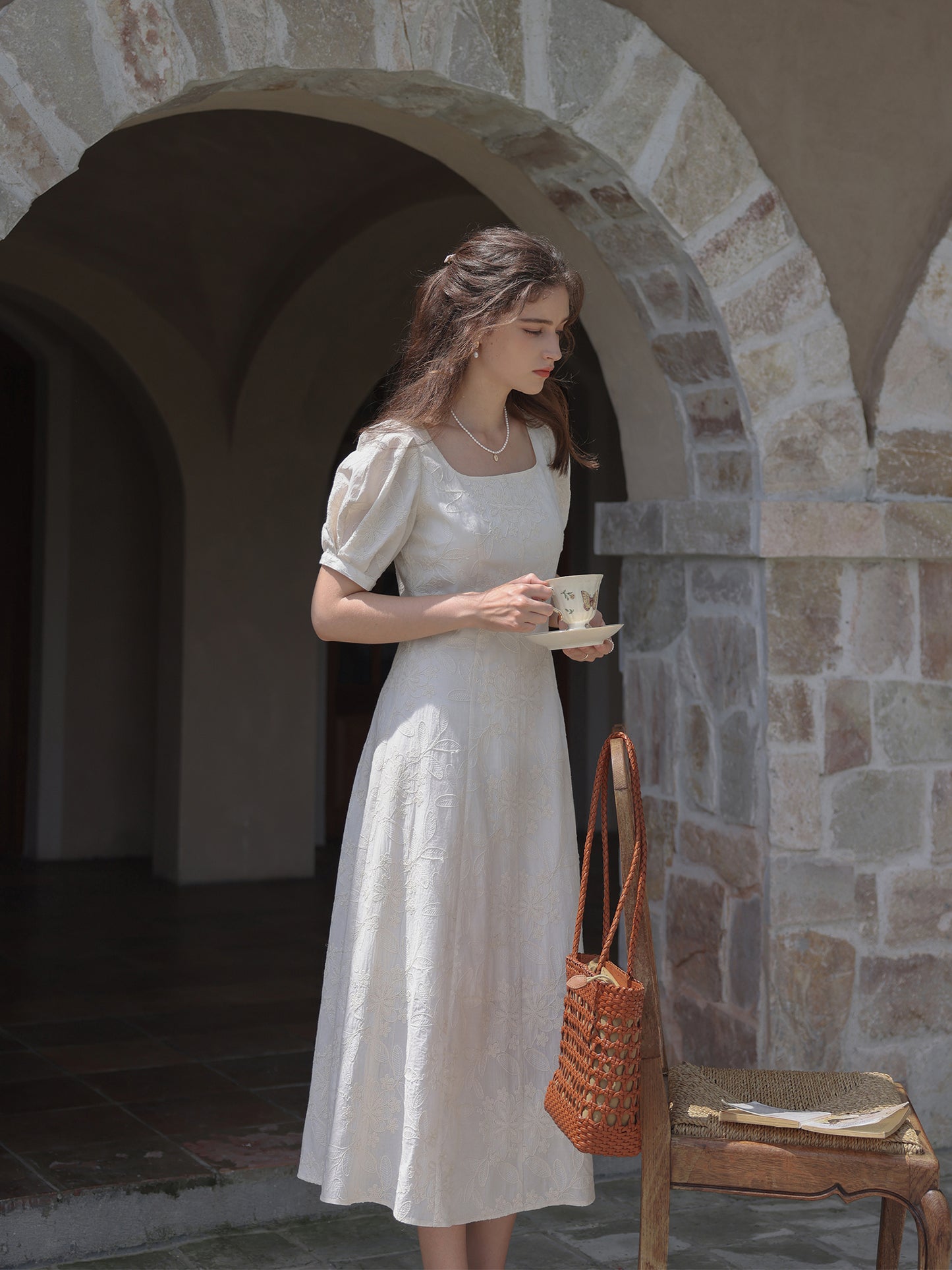 Classic Floral Embroidered Square Neck Midi Dress