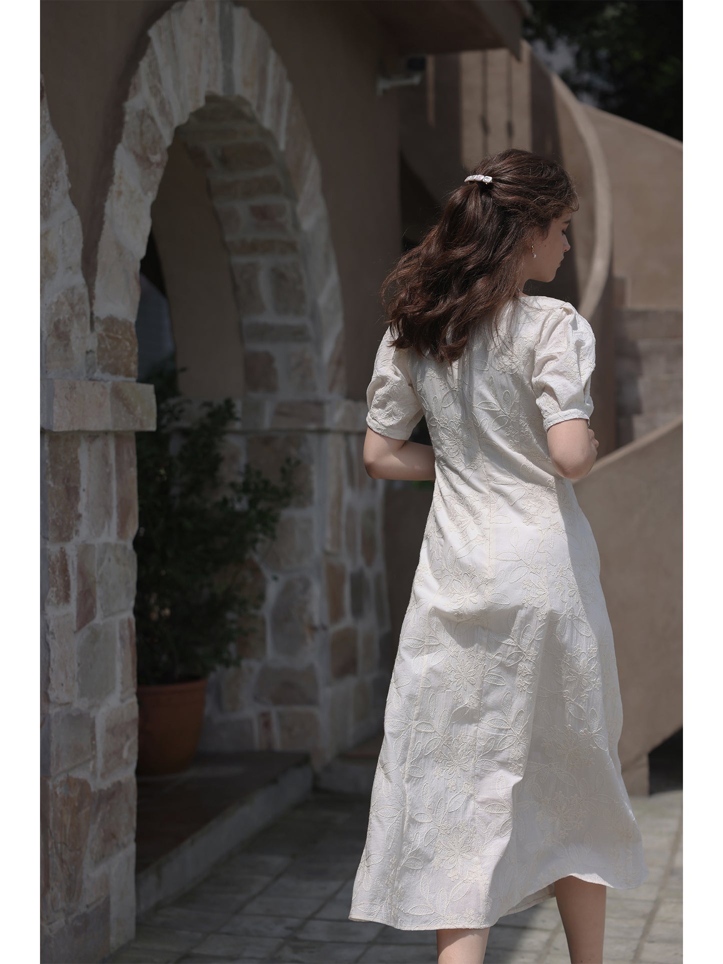 Classic Floral Embroidered Square Neck Midi Dress