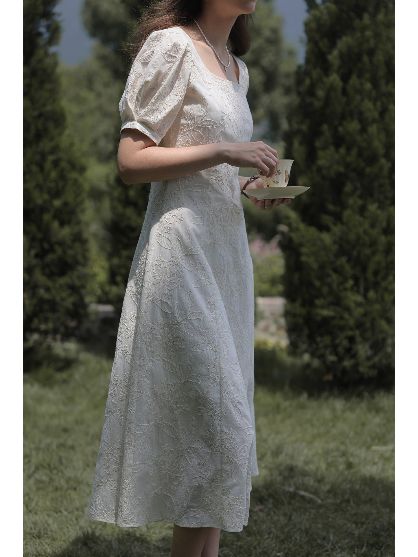 Classic Floral Embroidered Square Neck Midi Dress
