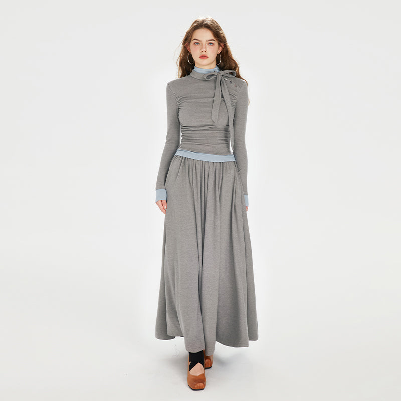 Two-Tone Faux Layered Tie Neck Dress