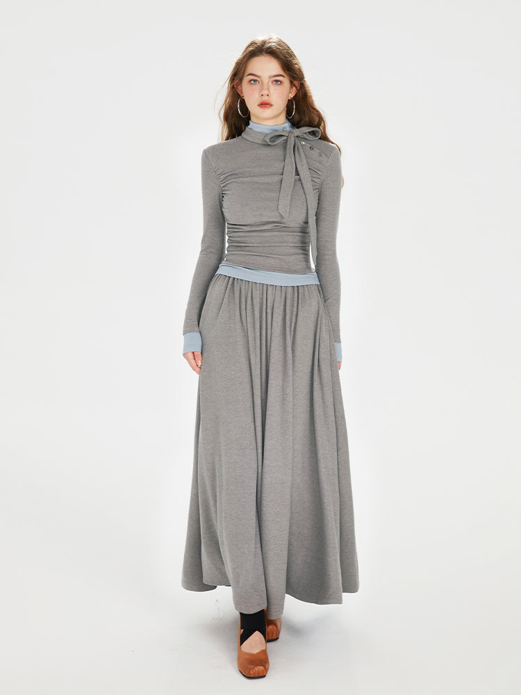 Two-Tone Faux Layered Tie Neck Dress