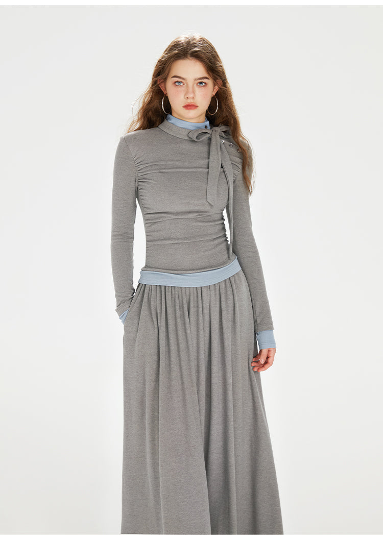 Two-Tone Faux Layered Tie Neck Dress