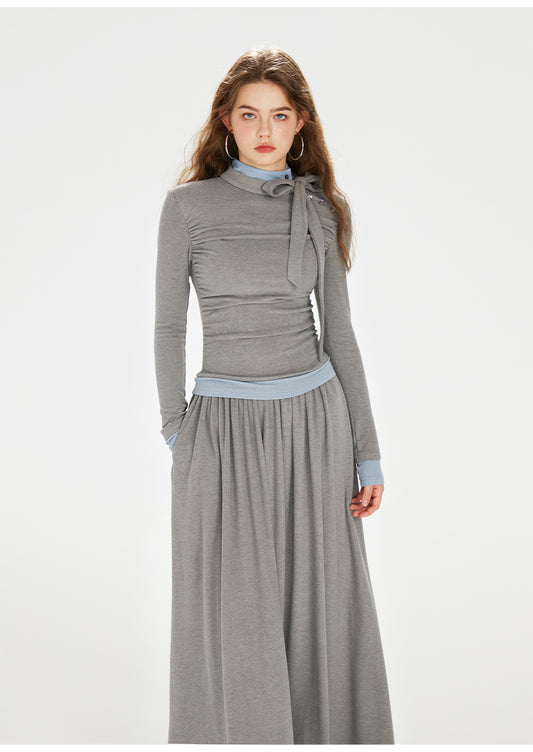 Two-Tone Faux Layered Tie Neck Dress