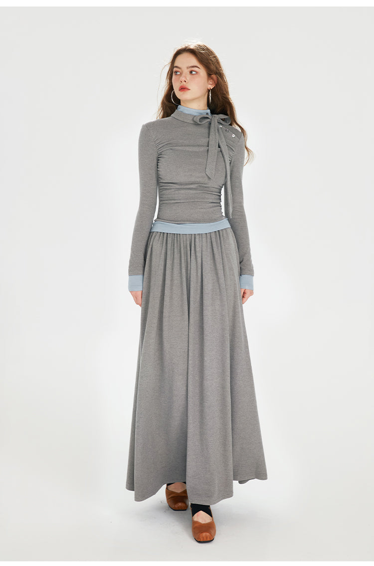 Two-Tone Faux Layered Tie Neck Dress