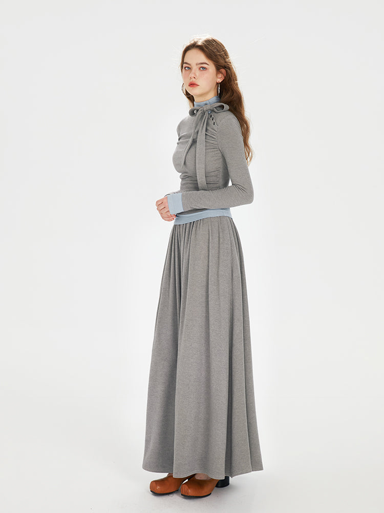 Two-Tone Faux Layered Tie Neck Dress