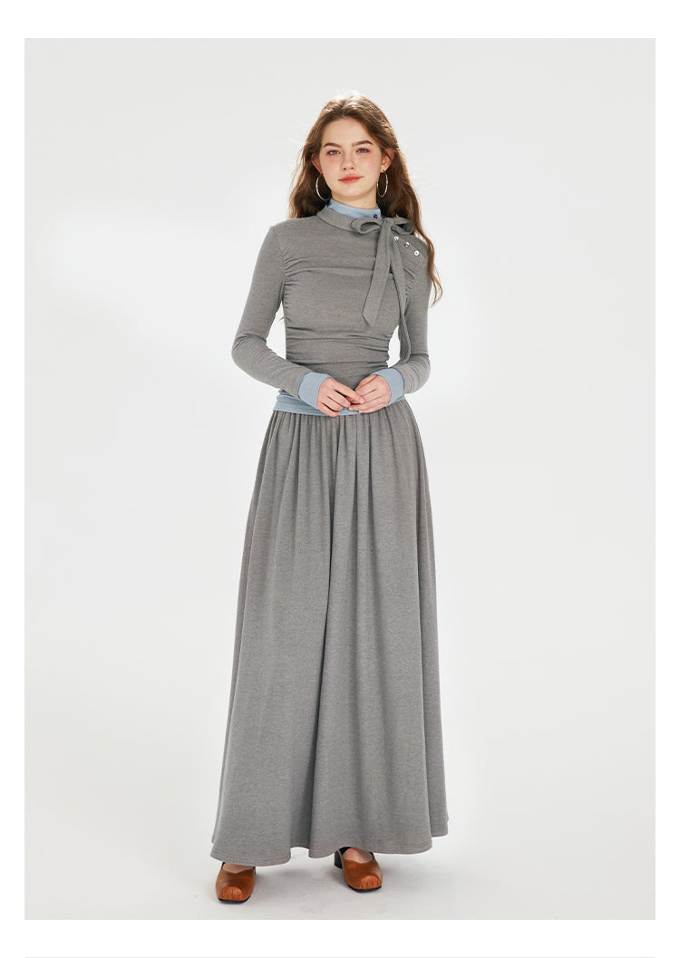 Two-Tone Faux Layered Tie Neck Dress