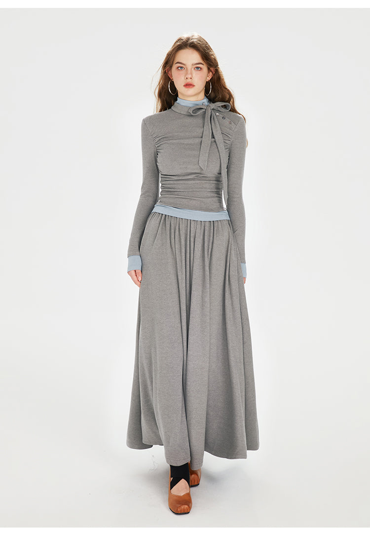 Two-Tone Faux Layered Tie Neck Dress