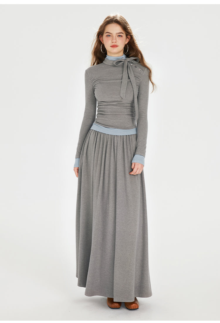 Two-Tone Faux Layered Tie Neck Dress