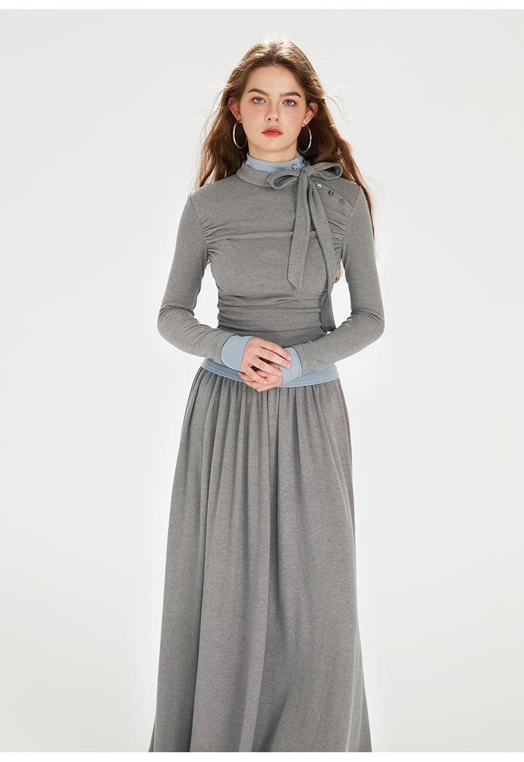 Two-Tone Faux Layered Tie Neck Dress