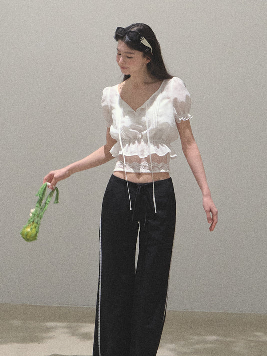 Puff-Sleeve Cinched Cropped Blouse