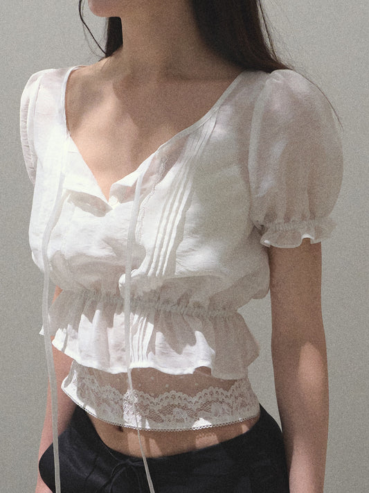 Puff-Sleeve Cinched Cropped Blouse