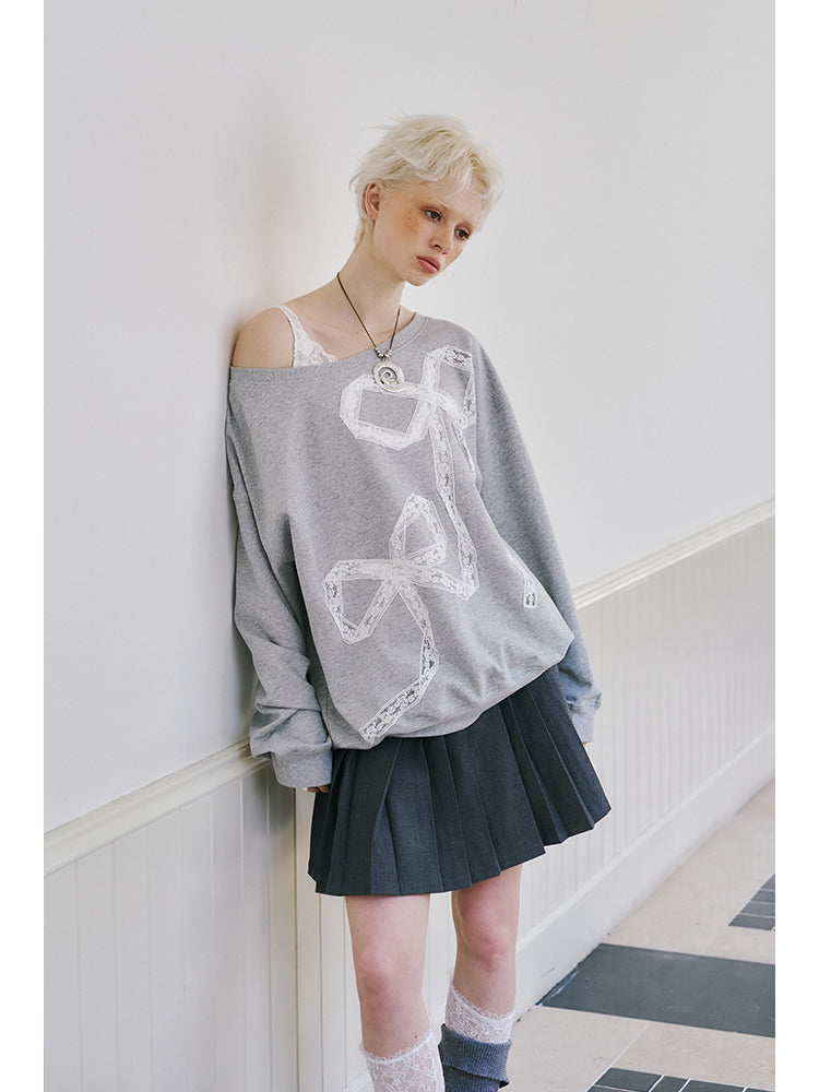 Relaxed Fit Sweatshirt With Lace Ribbon Embroidery