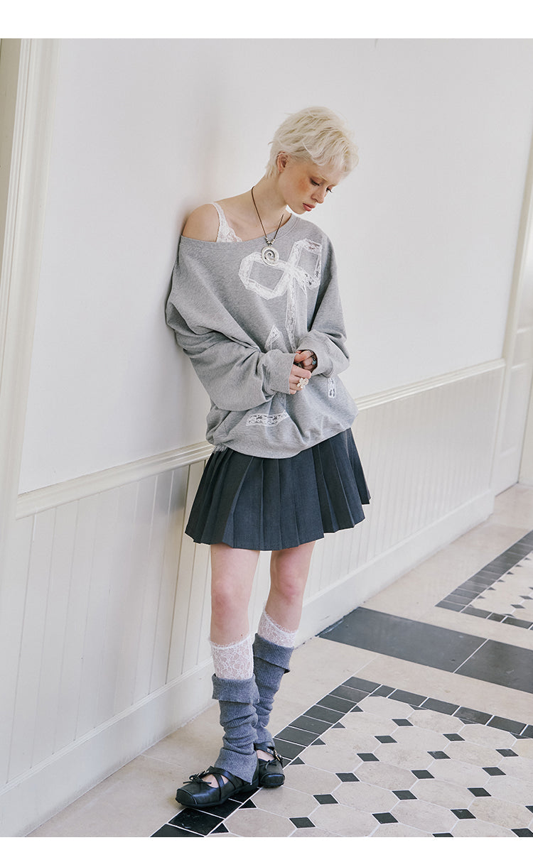 Relaxed Fit Sweatshirt With Lace Ribbon Embroidery