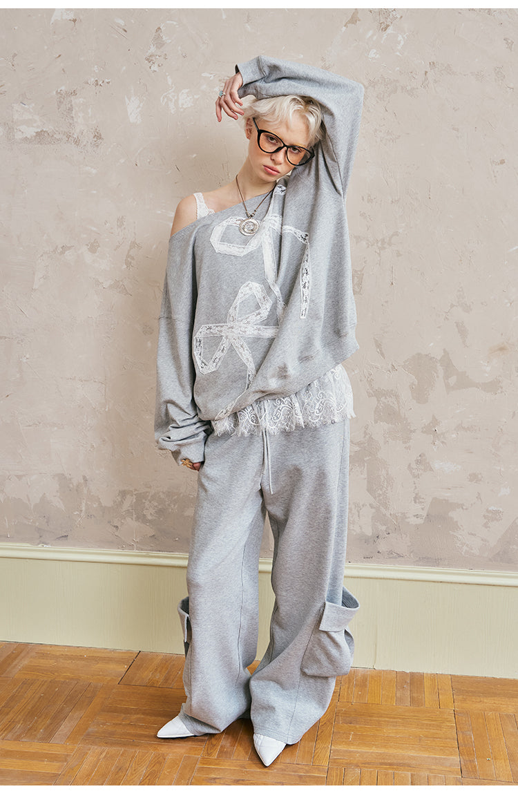 Relaxed Fit Sweatshirt With Lace Ribbon Embroidery