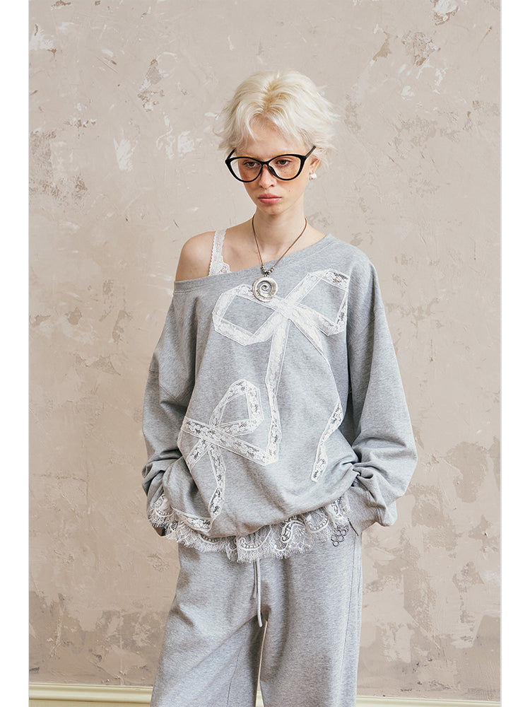Relaxed Fit Sweatshirt With Lace Ribbon Embroidery