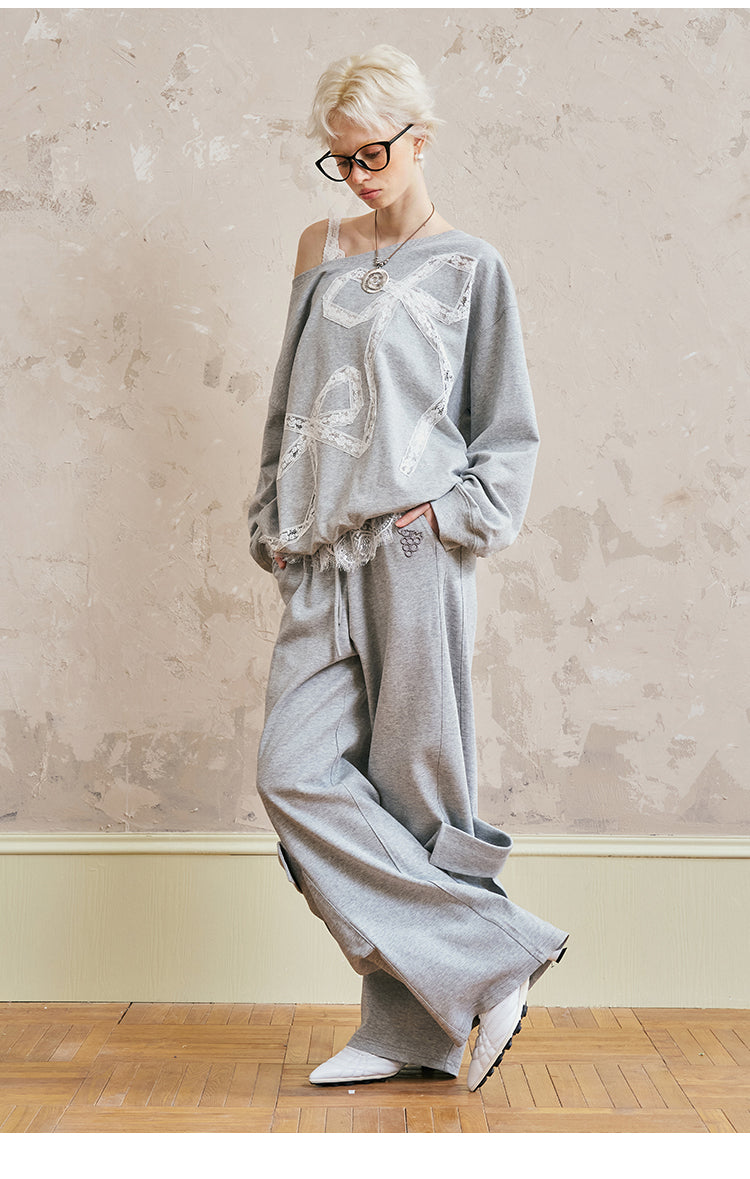 Relaxed Fit Sweatshirt With Lace Ribbon Embroidery