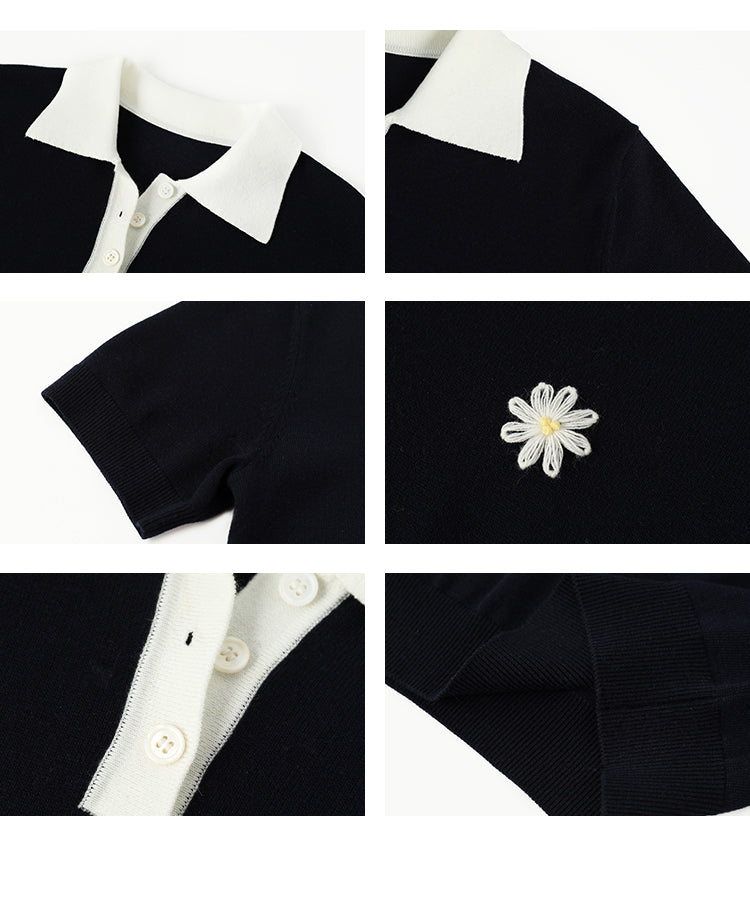 Flower Embroidered Puff-Sleeve Polo Shirt
