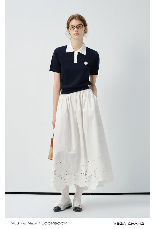 Flower Embroidered Puff-Sleeve Polo Shirt