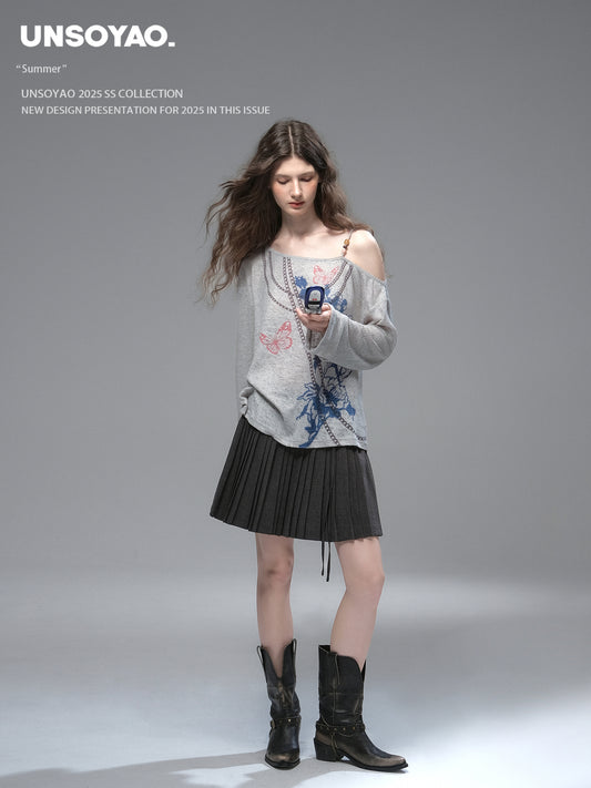 Beaded Strap One Shoulder Printed Top