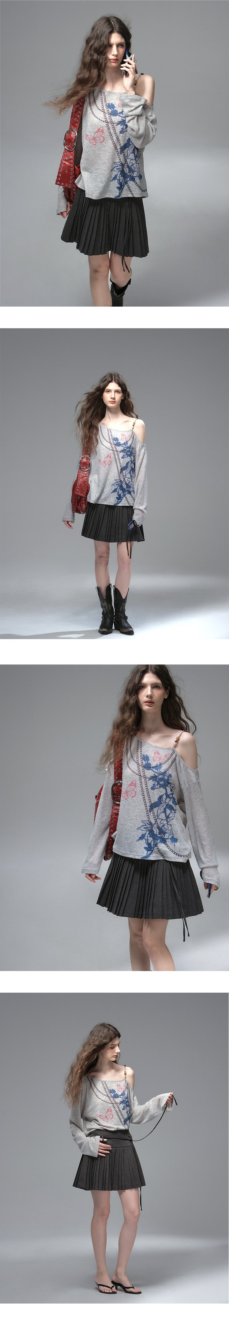 Beaded Strap One Shoulder Printed Top