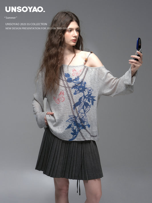 Beaded Strap One Shoulder Printed Top