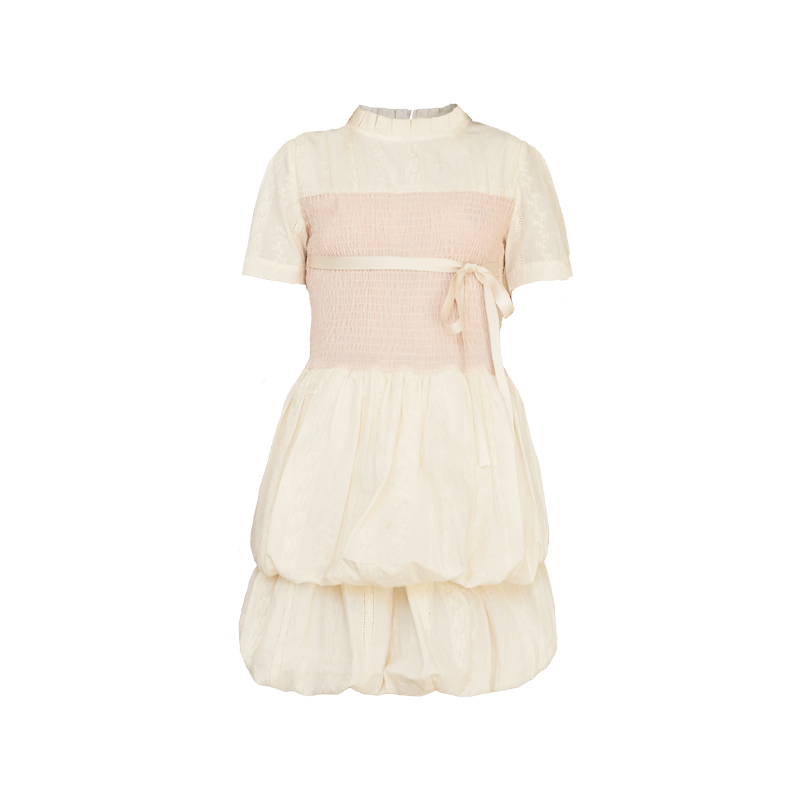 Embroidered Cotton Bubble Dress With Ribbon Bow