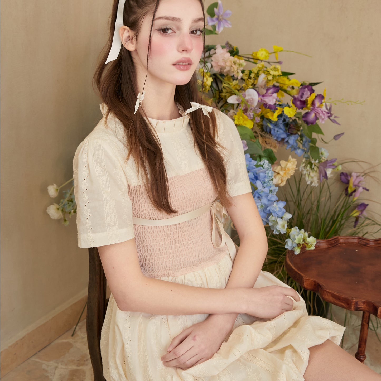Embroidered Cotton Bubble Dress With Ribbon Bow