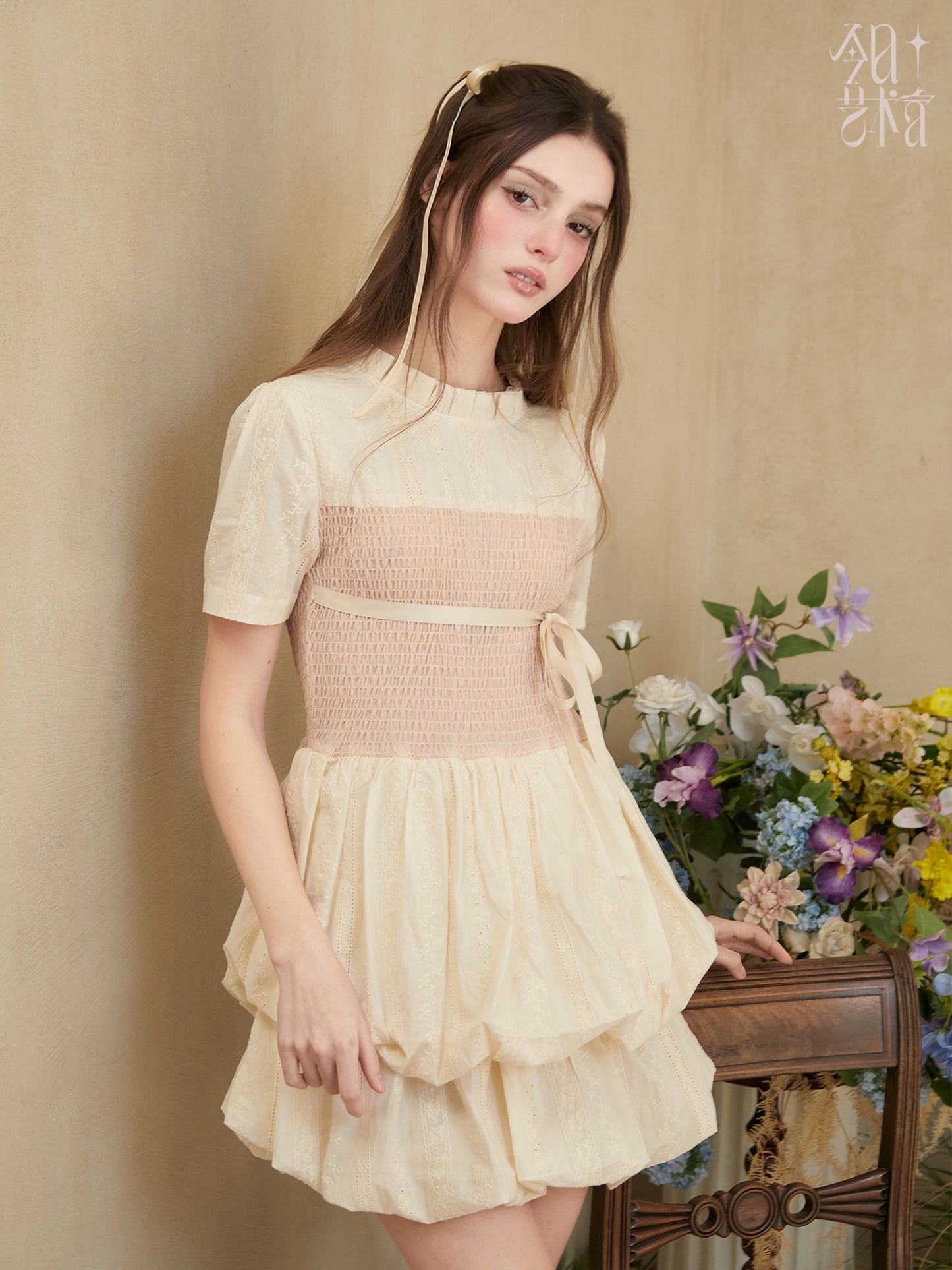 Embroidered Cotton Bubble Dress With Ribbon Bow