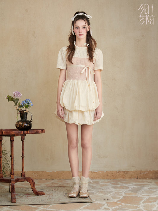 Embroidered Cotton Bubble Dress With Ribbon Bow