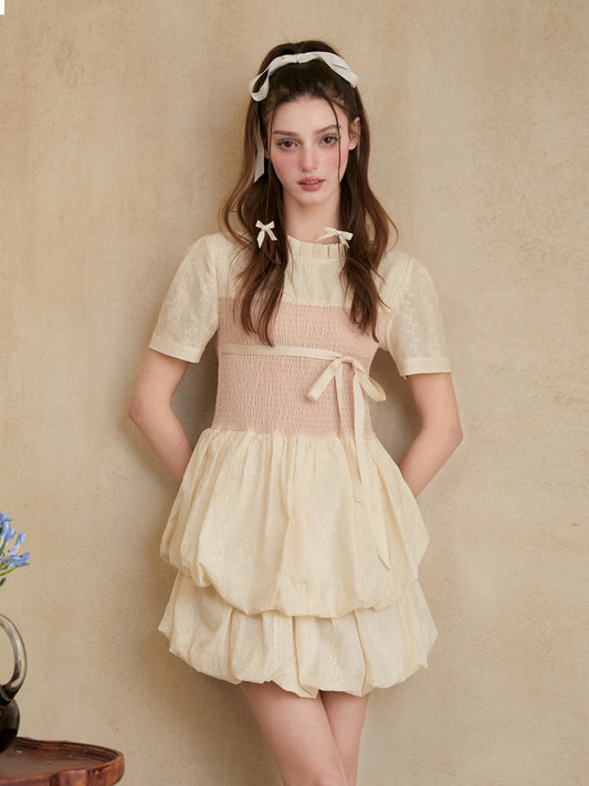 Embroidered Cotton Bubble Dress With Ribbon Bow