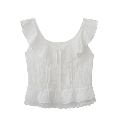 Sleeveless Textured Pintuck Blouse With Flutter Collar