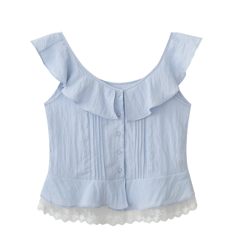 Sleeveless Textured Pintuck Blouse With Flutter Collar