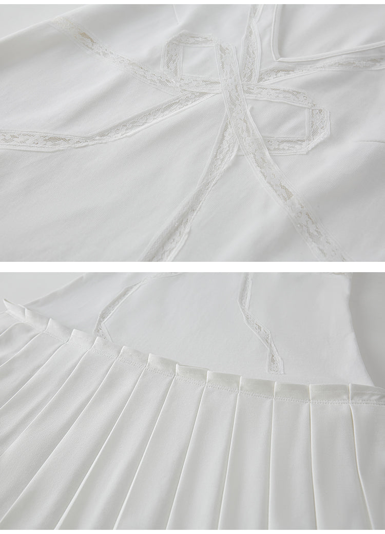 V-Neck Sleeveless Pleated Dress With Lace Ribbon