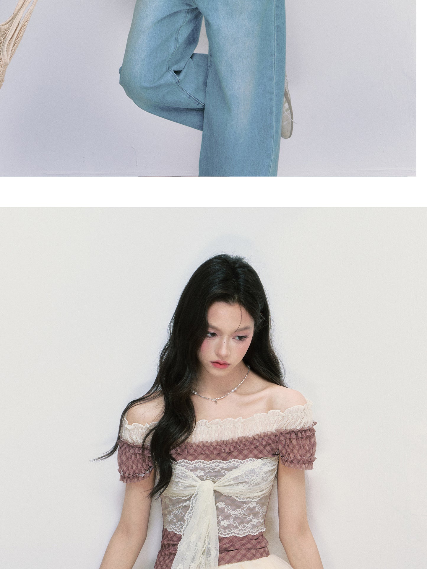 Plaid Off-Shoulder Layered Top With Lace Tie