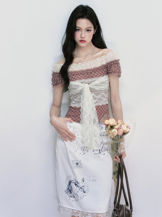 Plaid Off-Shoulder Layered Top With Lace Tie