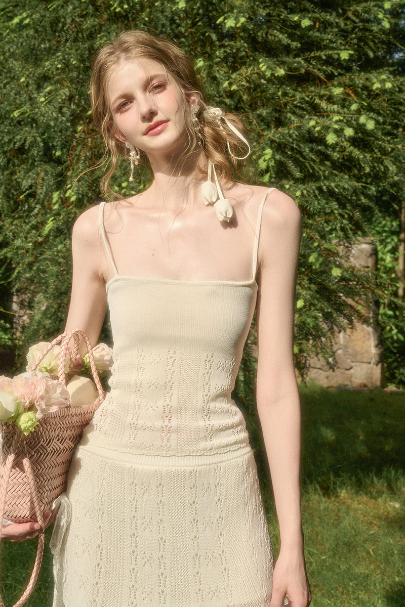 Lace Knit Set-Up With Cami Top, Front-Tie Top, And Skirt